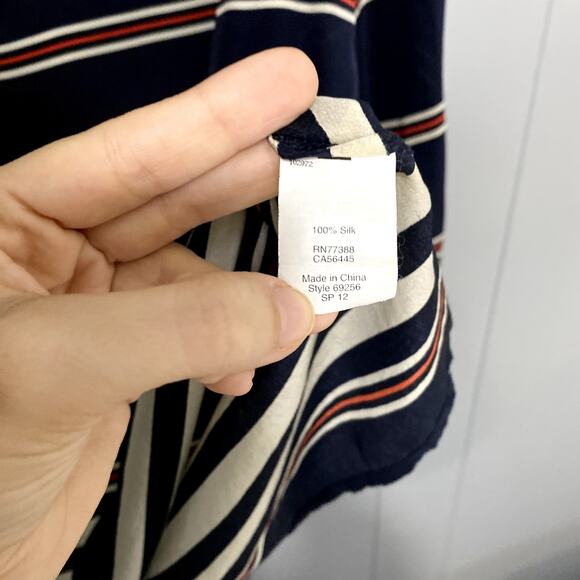 J. Crew Navy Striped Silk Popover Long Sleeve Classic Coastal Minimalist Top M - Picture 2 of 6